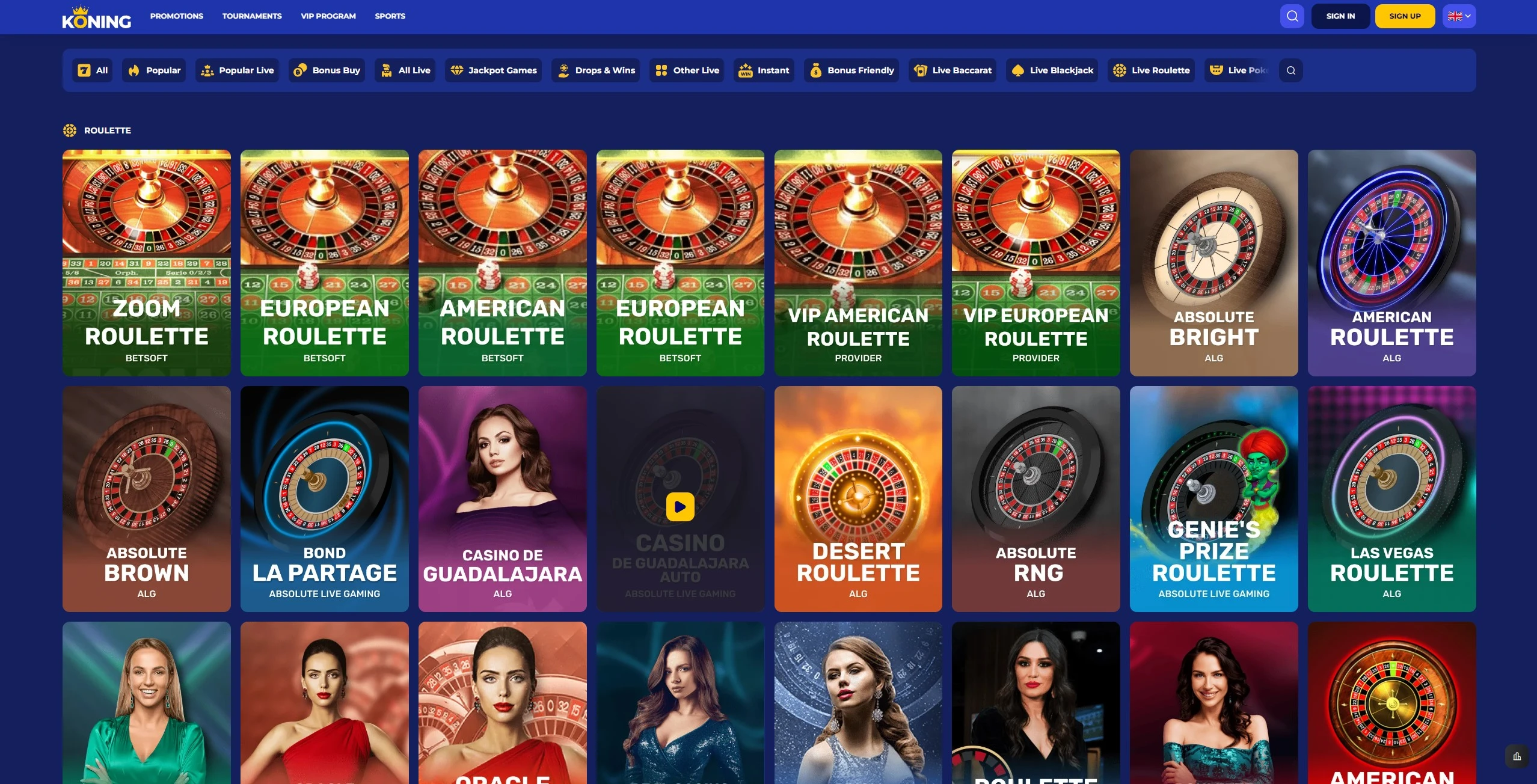 Lobby van het Koning.bet live casino met verschillende roulette spellen
